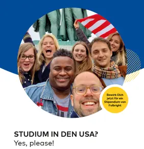 Illustration of international students with the text "Study in the USA - yes please" underneath.