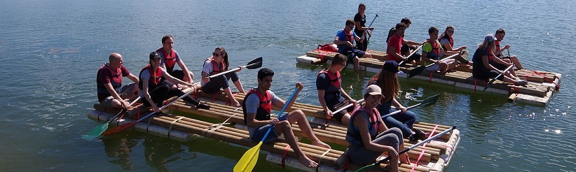 Students sail on two rafts on the Danube