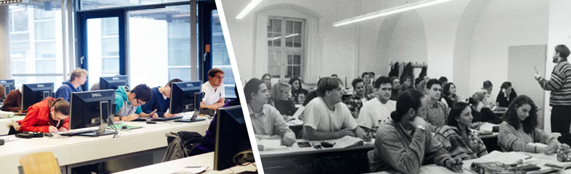 Der linke Teil des Bildes zeigt eine aktuelle Vorlesung mit Studierenden, die vor Computern sitzen. Der rechte Abschnitt zeugt eine Vorlesung aus der Gründungszeit der THI in den 90er Jahren. 
