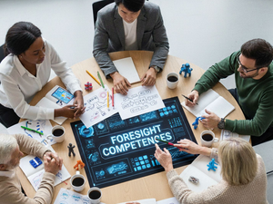 Mehrere Personen um einen runden Tisch versammeln sich, einer zeigt auf den Schriftzug ‚Foresight Competences‘