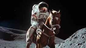 An astronaut rides a brown horse, with a lunar landscape in the background.