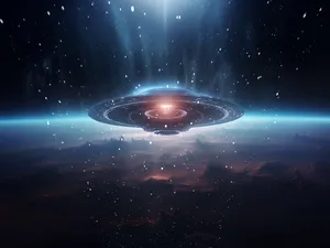 Ein Raumschiff schwebt über Planeten im Weltall