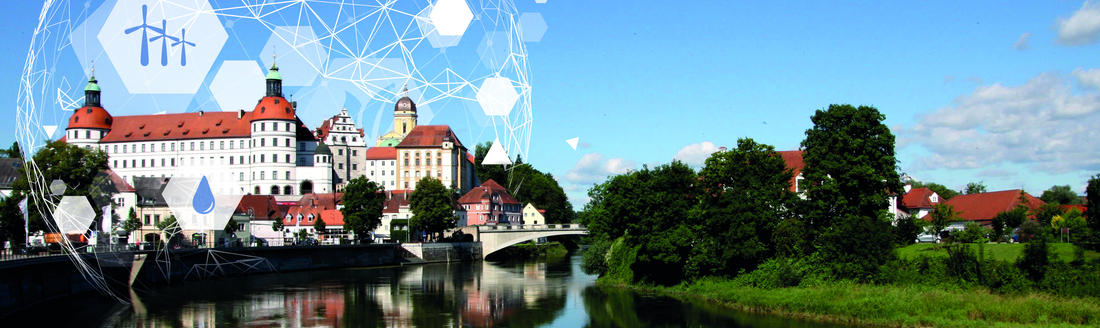 Stadtpanorama Neuburg/Donau mit Symbolik zu Nachhaltigkeit