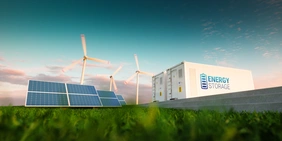 Windräder und Solaranlagen stehen neben Energiespiecher-Containern