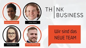 Four portraits of students and the ThinkBusiness Podcast Logo