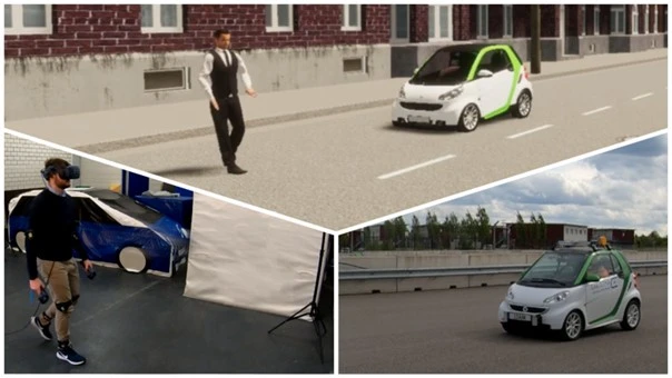 Abbildung eines Testszenarios mit einem automatisiertem Smart, einem Dummy sowie einem Mitarbeiter mit VR-Brille
