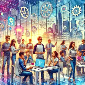 Innovation und Know-How für Jugendliche und junge Erwachsene (Symbolbild: Chat GPT). KI-generiertes Bild eines Young Business Club mit jungen Personen