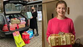 Zwei Bilder: Eine Studentin steht vor einem geöffneten Kofferraum voller Geschenke. Auf dem anderen Foto hält eine Studentin ein Geschenk in ihren Händen.