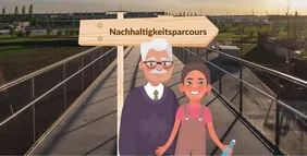 Comic-Drawing of a elderly man with his grandchild in front of a wooden sign