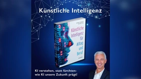 The book cover against a blue background, with a man in a black jacket smiling into the picture.