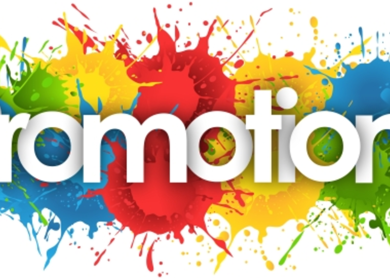 Picture of the word promotion in front of colourful blobs of paint