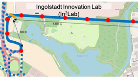 Map of the road layout of the IN2Lab test field at Auwaldsee in Ingolstadt