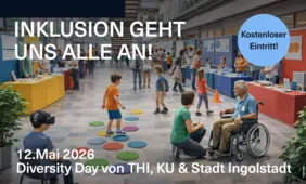 KI-generiertes BIld der Aula der THI mit Kindern, alten oder behinderten Menschen, Infoständen