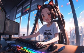 AI-generiertes Animemädchen an Computerschreibtisch, dahinter Skyline