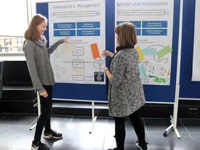 Bild von Studentin und Dozentin im Gespräch vor einem Aufsteller zu "Governance und Management"