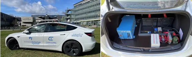 Quelle: THI Abbildung des Tesla Testfahrzeugs mit Messinstrumenten im Kofferraum