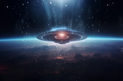 Ein Raumschiff schwebt über Planeten im Weltall