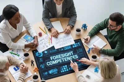 Mehrere Personen um einen runden Tisch versammeln sich, einer zeigt auf den Schriftzug ‚Foresight Competences‘