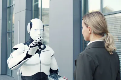 Ein Roboter und eine weibliche Person stehen sich gegenüber