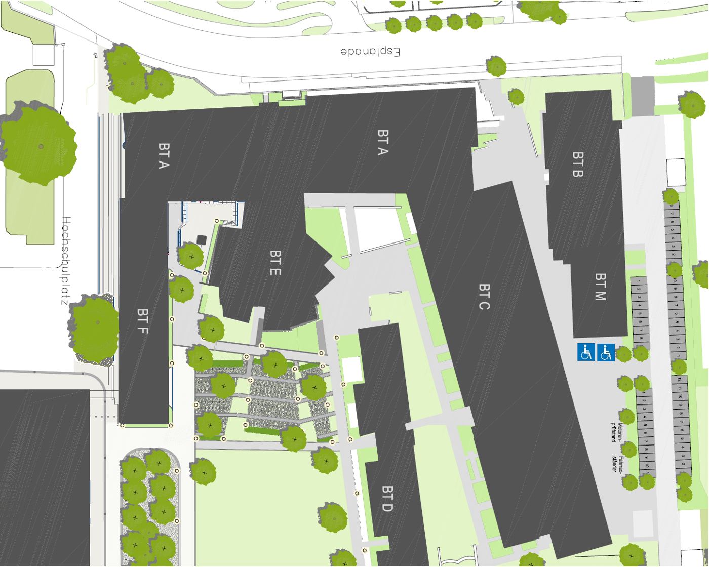 The site plan shows the disabled parking spaces at THI