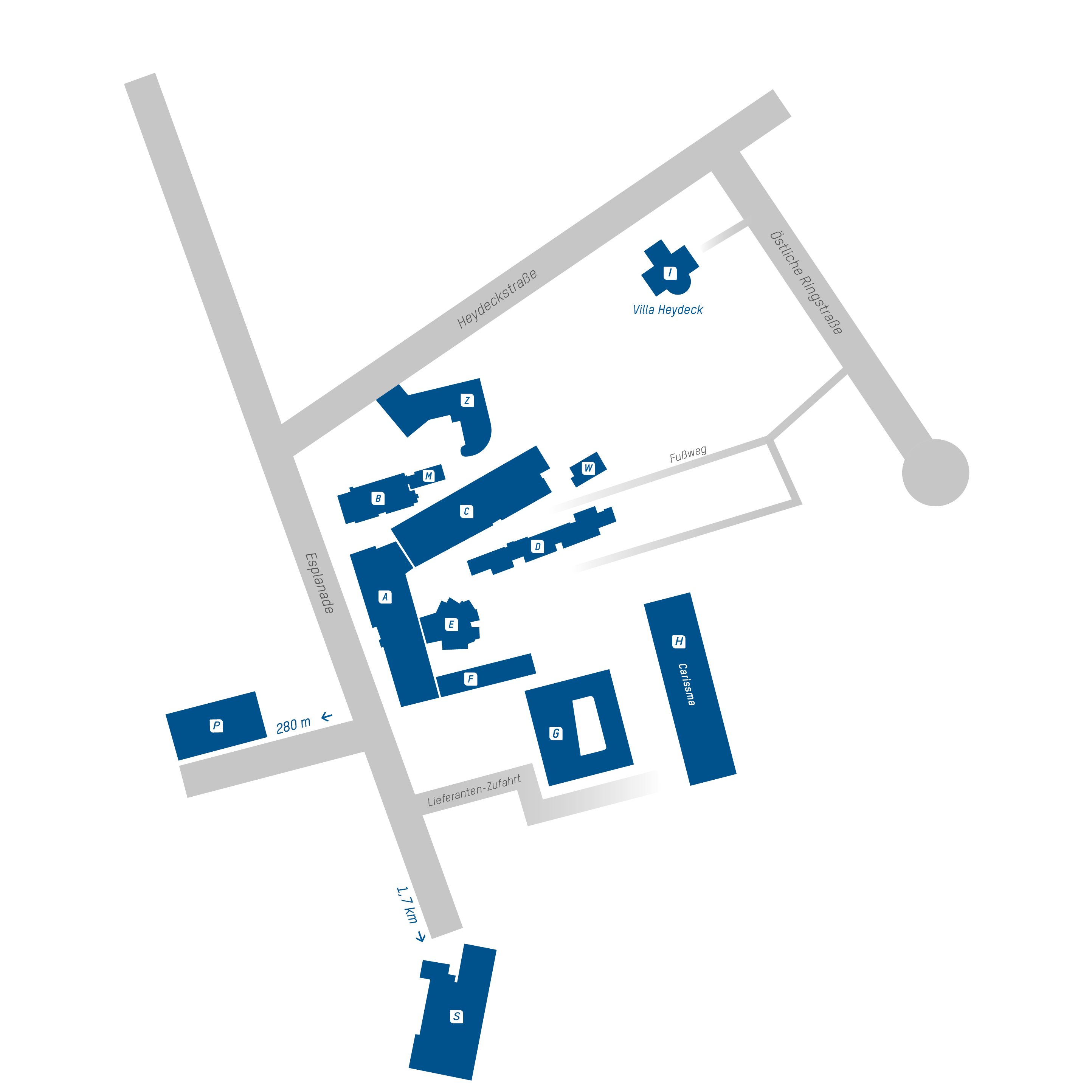 Gebäudeplan des THI-Campus Ingolstadt mit Kennzeichnung durch Buchstaben