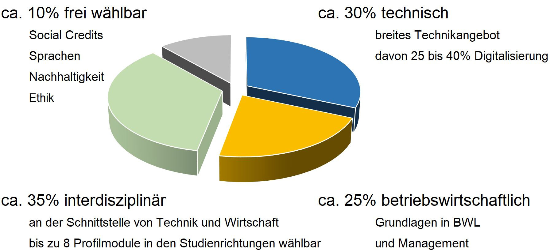 Diagramm: 10 % frei wählbar, 30% technisch, 35% interdisziplinär, 25 % betriebswirtschaftlich