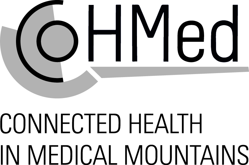 Illustration of the CoHMed logo with the words Connected Health in medical mountains underneath.
