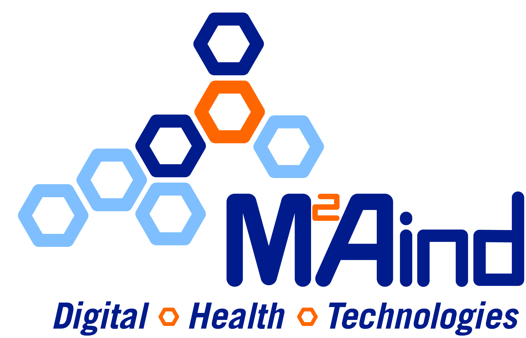 Abbildung des M2Aind Logos mit den drei Begriffen Digital , Health und Technologies darunter