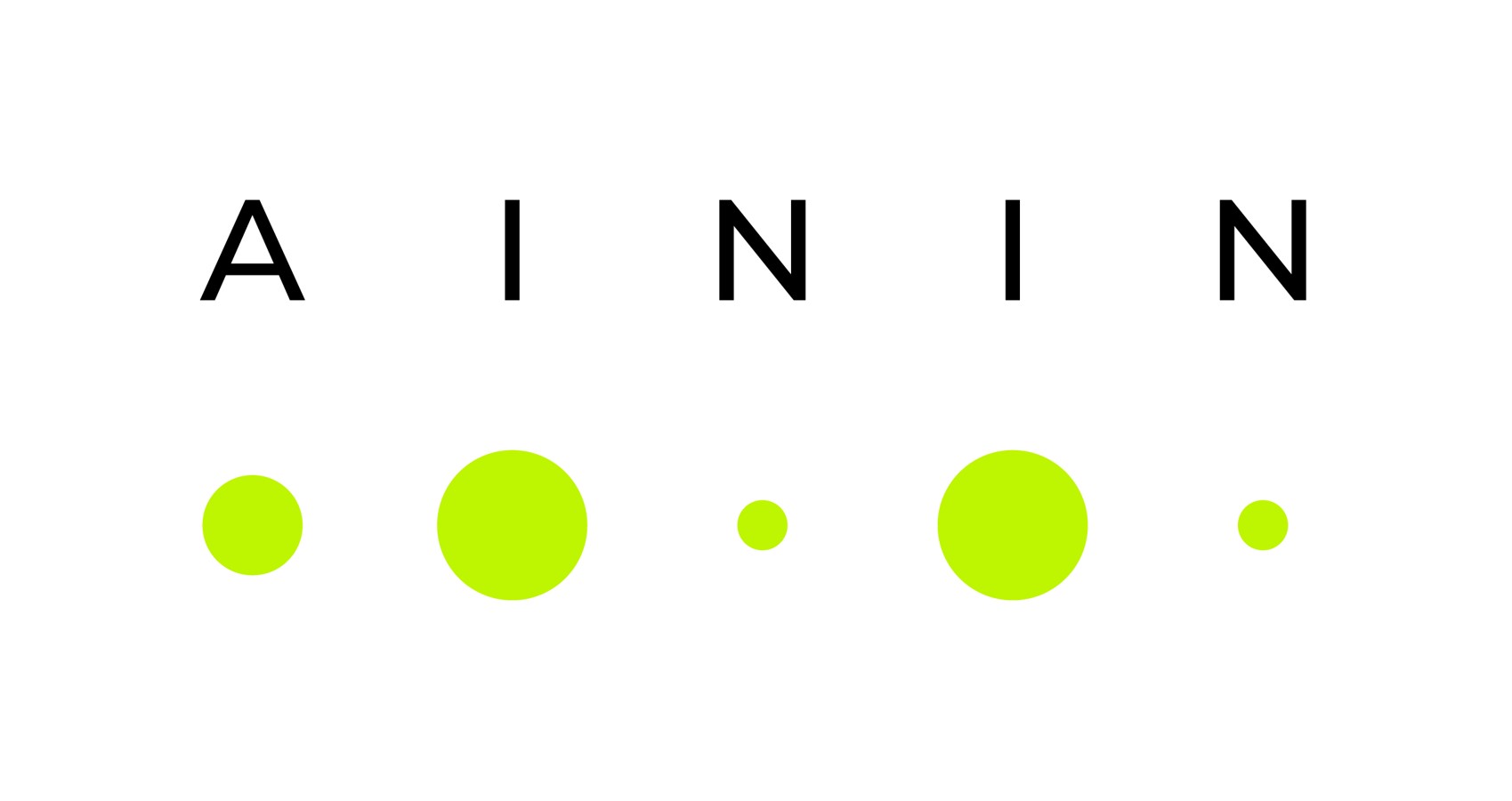 Abbildung des AININ Schriftzuges mit vier neongrünen Punkten in unterschiedlicher Größe darunter