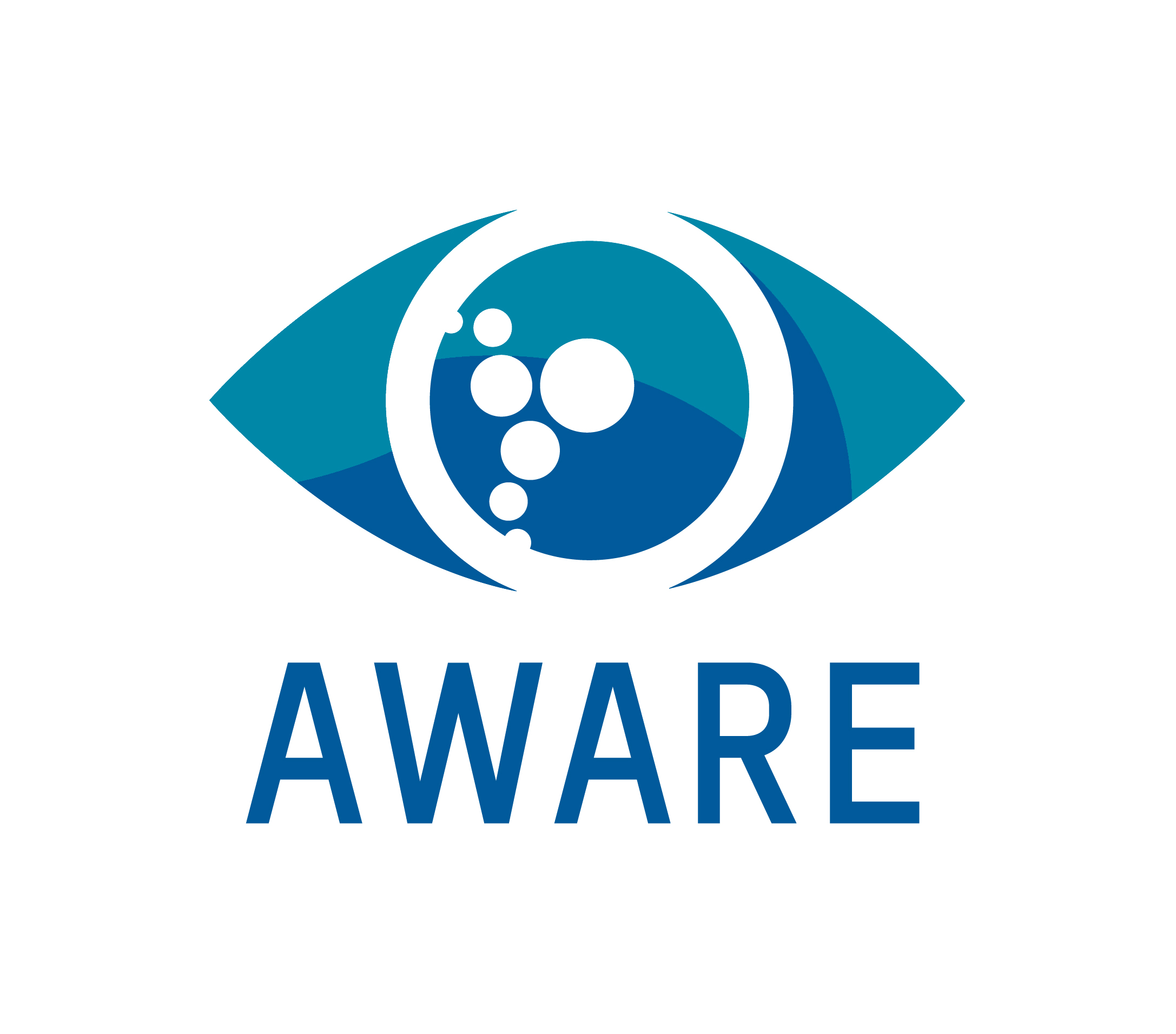 Illustration of the AWARE lettering with an eye in blue and turquoise above it